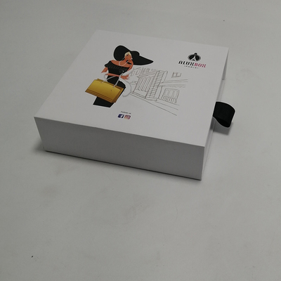 White Makeup Packaging Boxes Paper Cardboard Drawer Box With Black Ribbon
