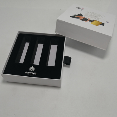 White Makeup Packaging Boxes Paper Cardboard Drawer Box With Black Ribbon