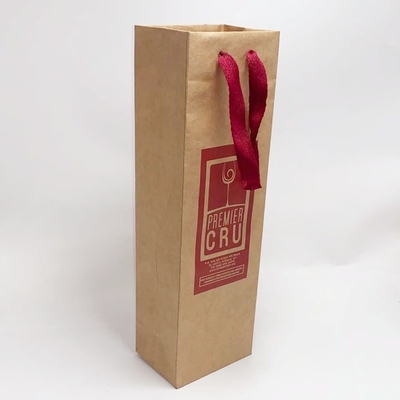 Ribbon Handle Kraft Paper Bag Red Wine Bottle Gift Bags 0.30mm Thickness